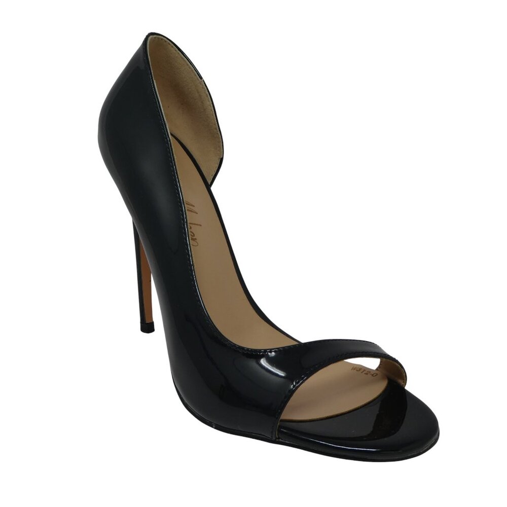 Only Maker Black Patent Leather Open Toe Side Cut Stiletto‎ Ice Pick Heels